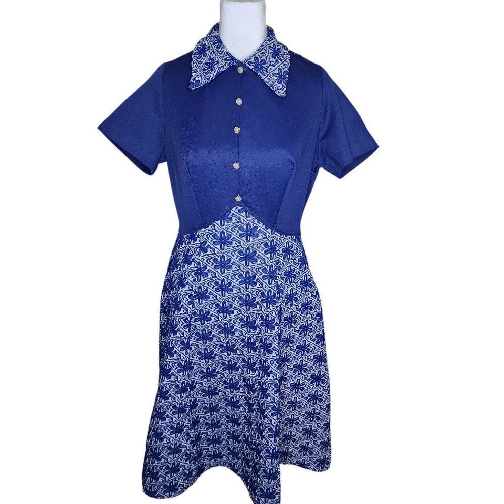 Vintage 60s Shirt Day Dress Womens Size S Navy Blue Double Knit Polyester
